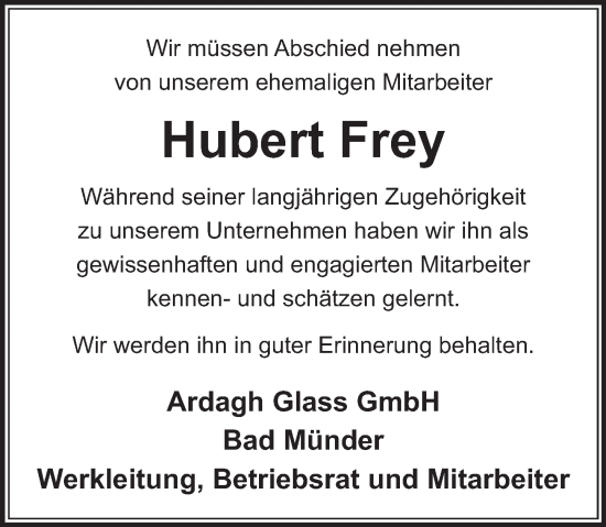 Traueranzeige von Hubert Frey von Neue Deister-Zeitung