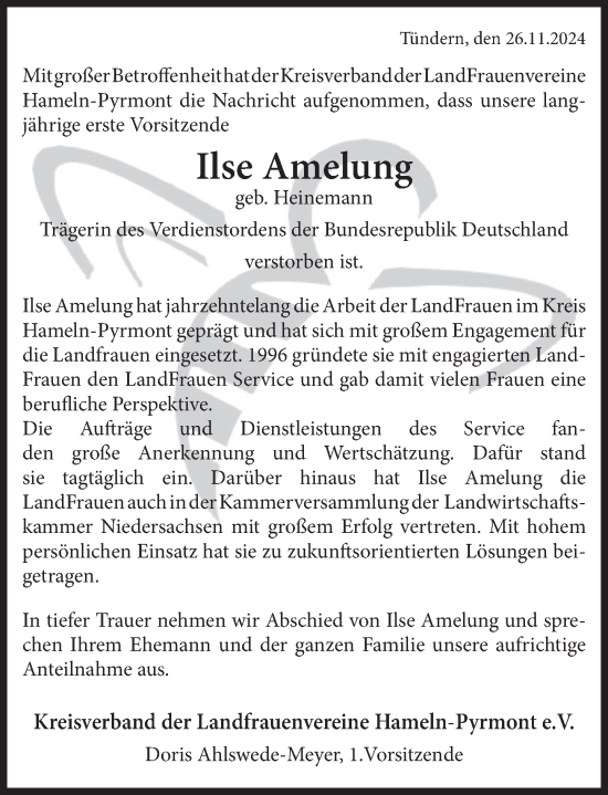 Traueranzeige von Ilse Amelung von Deister- und Weserzeitung