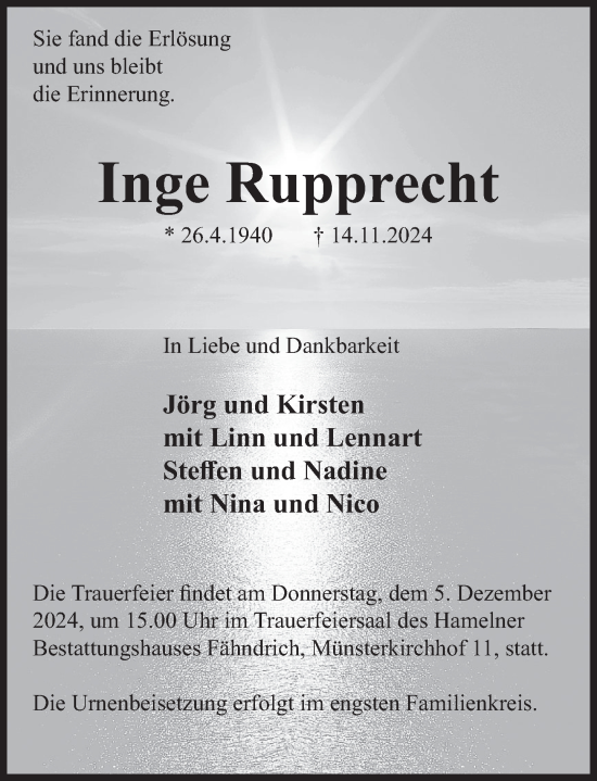 Traueranzeige von Inge Rupprecht von Deister- und Weserzeitung
