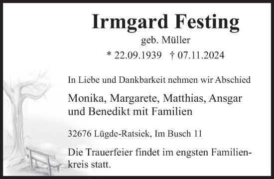 Traueranzeige von Irmgard Festing von Deister- und Weserzeitung