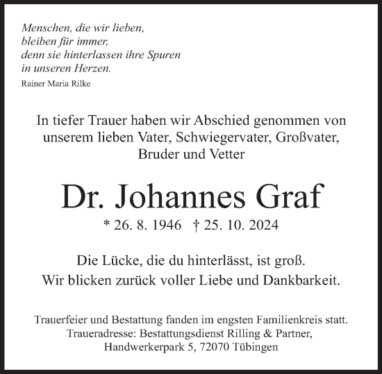 Traueranzeige von Johannes Graf von Deister- und Weserzeitung