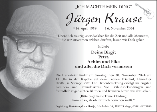 Traueranzeige von Jürgen Krause von Neue Deister-Zeitung