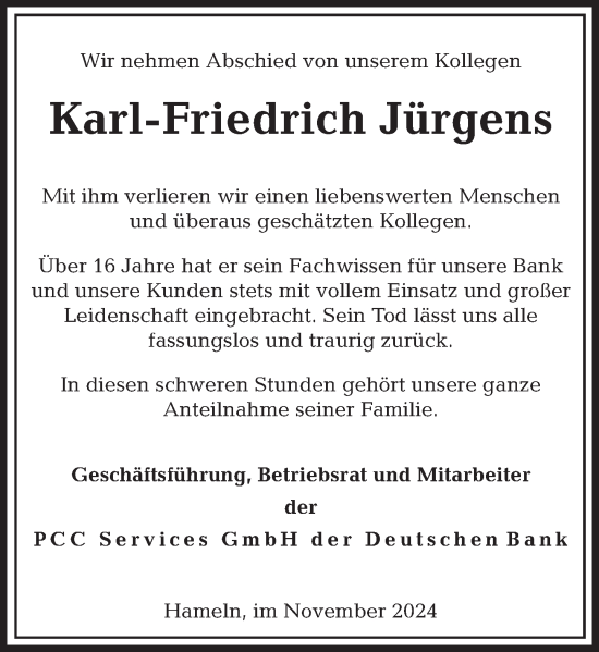 Traueranzeige von Karl-Friedrich Jürgens von Deister- und Weserzeitung