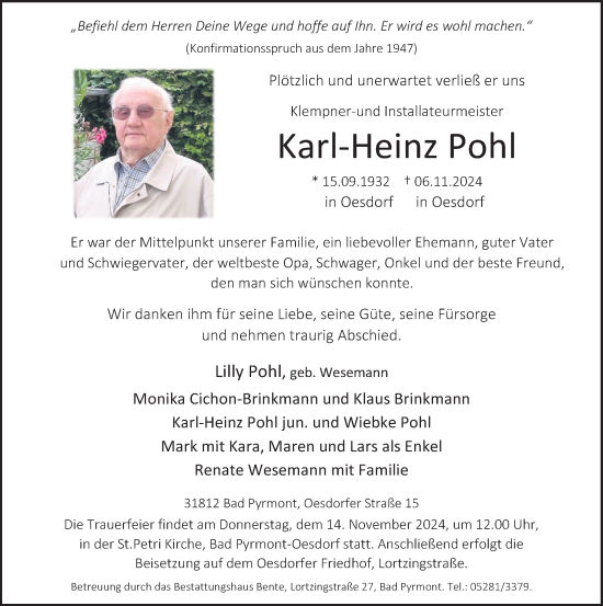 Traueranzeige von Karl-Heinz Pohl von Deister- und Weserzeitung