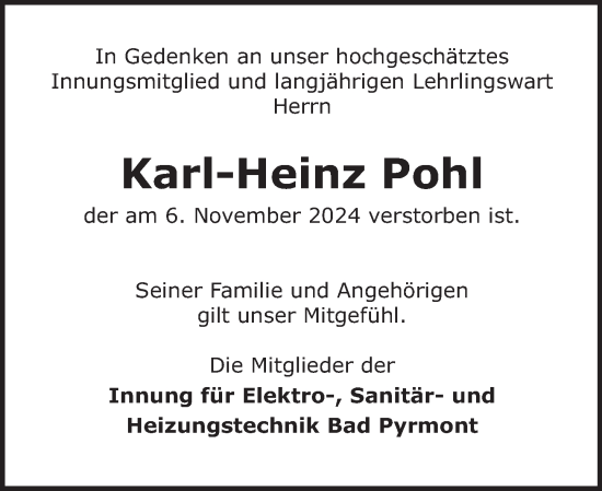 Traueranzeige von Karl-Heinz Pohl von Deister- und Weserzeitung