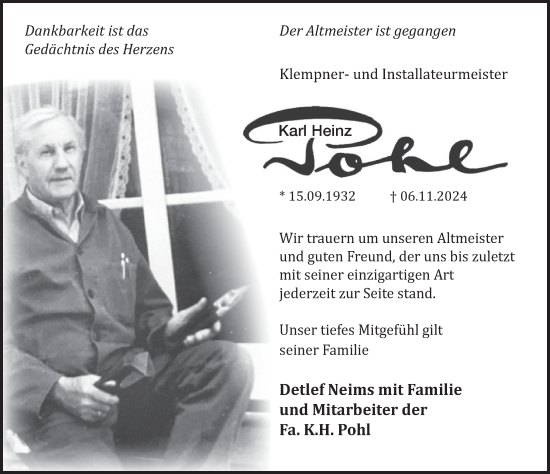 Traueranzeige von Karl Heinz Pohl von Deister- und Weserzeitung