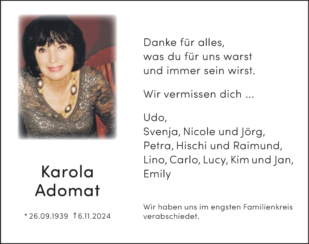  Traueranzeige für Karola Adomat vom 23.11.2024 aus Deister- und Weserzeitung