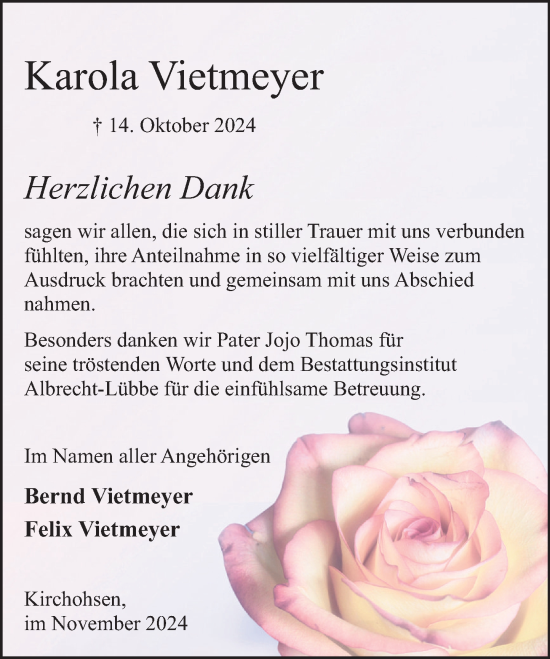 Traueranzeige von Karola Vietmeyer von Deister- und Weserzeitung