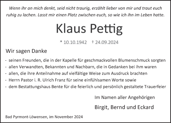 Traueranzeige von Klaus Pettig von Deister- und Weserzeitung