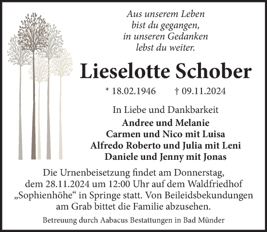 Traueranzeige von Lieselotte Schober von Neue Deister-Zeitung