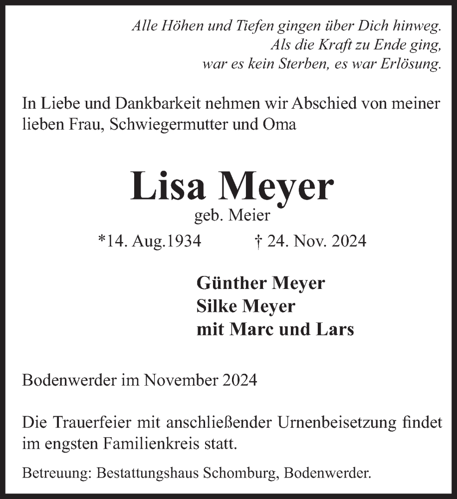  Traueranzeige für Lisa Meyer vom 30.11.2024 aus Deister- und Weserzeitung