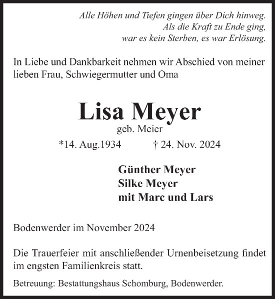 Traueranzeige von Lisa Meyer von Deister- und Weserzeitung