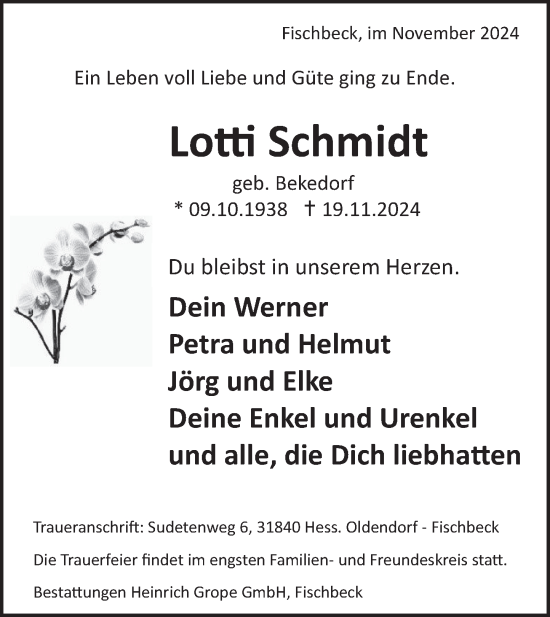 Traueranzeige von Lotti Schmidt von Deister- und Weserzeitung