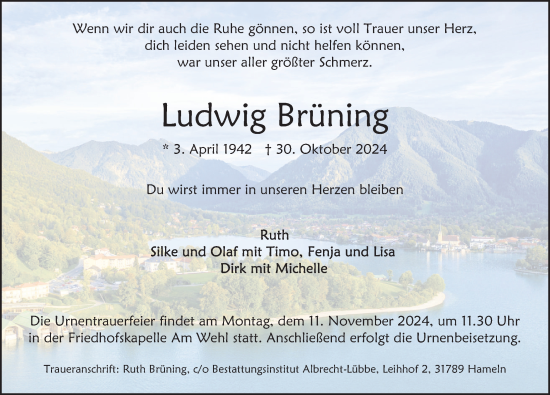 Traueranzeige von Ludwig Brüning von Deister- und Weserzeitung