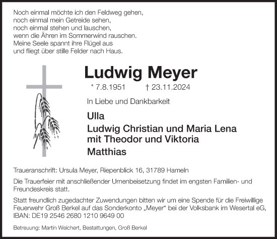 Traueranzeige von Ludwig Meyer von Deister- und Weserzeitung