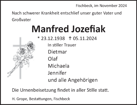 Traueranzeige von Manfred Jozefiak von Deister- und Weserzeitung