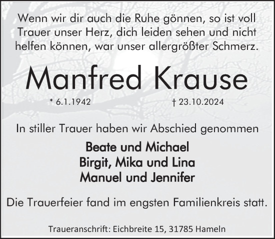 Traueranzeige von Manfred Krause von Deister- und Weserzeitung