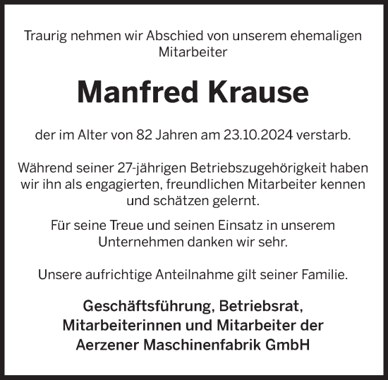 Traueranzeige von Manfred Krause von Deister- und Weserzeitung