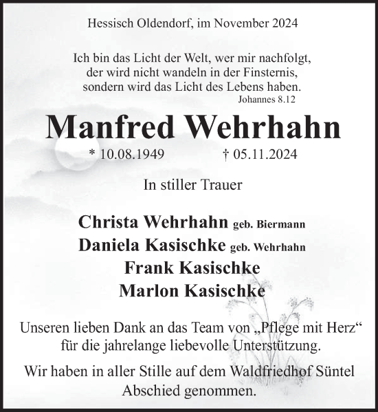 Traueranzeige von Manfred Wehrhahn von Deister- und Weserzeitung