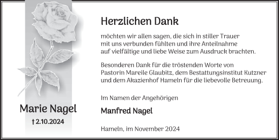 Traueranzeige von Marie Nagel von Deister- und Weserzeitung