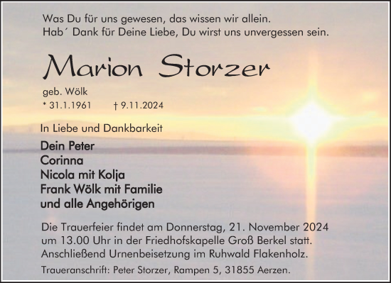 Traueranzeige von Marion Storzer von Deister- und Weserzeitung