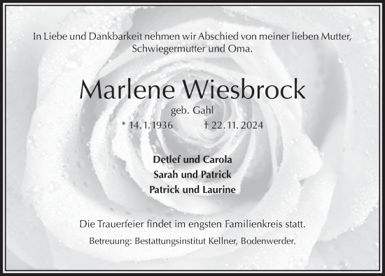 Traueranzeige von Marlene Wiesbrock von Deister- und Weserzeitung