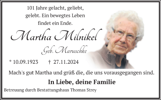 Traueranzeige von Martha Milnikel von Neue Deister-Zeitung