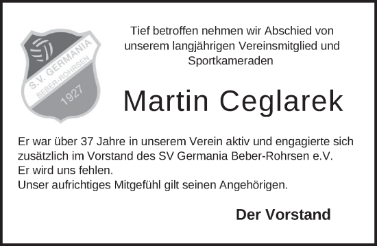 Traueranzeige von Martin Ceglarek von Neue Deister-Zeitung