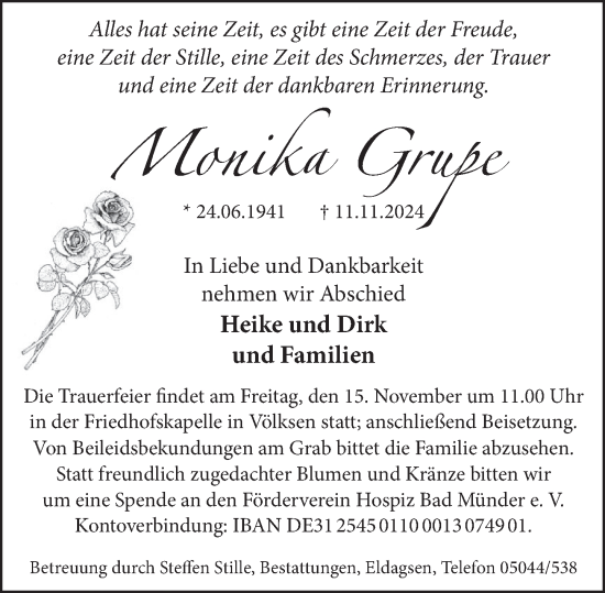 Traueranzeige von Monika Grupe von Neue Deister-Zeitung