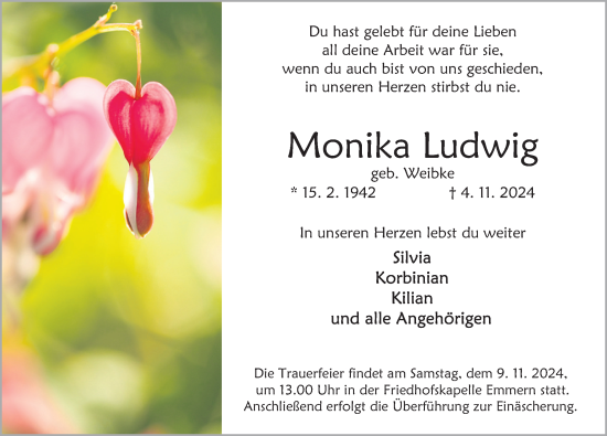 Traueranzeige von Monika Ludwig von Deister- und Weserzeitung