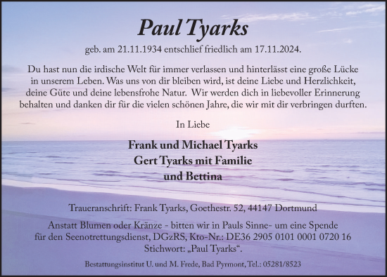 Traueranzeige von Paul Tyarks von Deister- und Weserzeitung