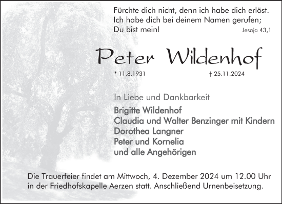 Traueranzeige von Peter Wildenhof von Deister- und Weserzeitung