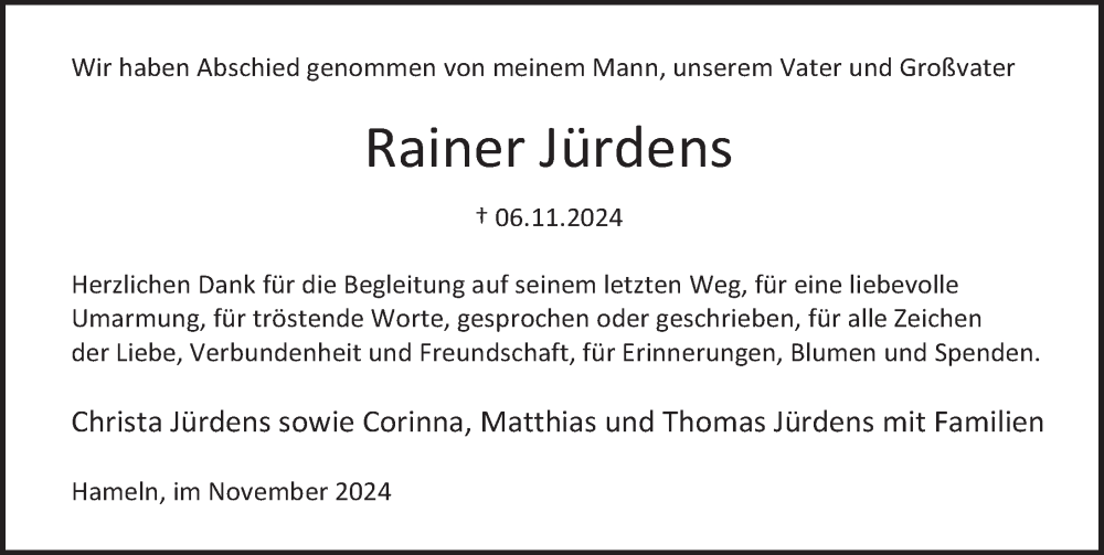  Traueranzeige für Rainer Jürdens vom 30.11.2024 aus Deister- und Weserzeitung