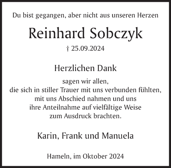 Traueranzeige von Reinhard Sobczyk von Deister- und Weserzeitung