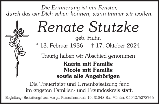 Traueranzeige von Renate Stutzke von Neue Deister-Zeitung