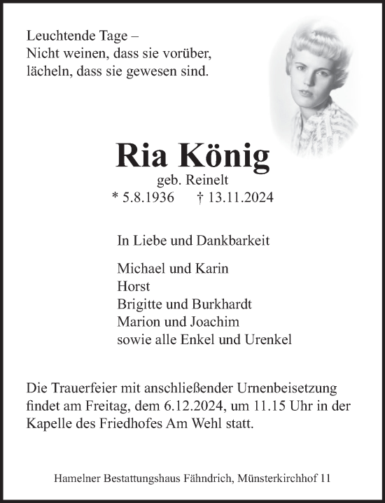 Traueranzeige von Ria König von Deister- und Weserzeitung