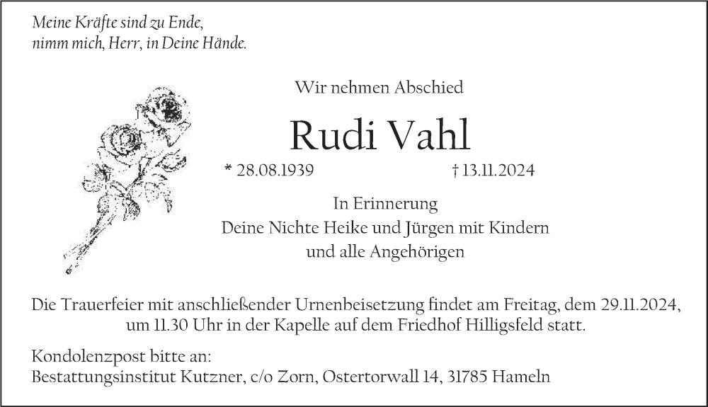  Traueranzeige für Rudi Vahl vom 23.11.2024 aus Deister- und Weserzeitung