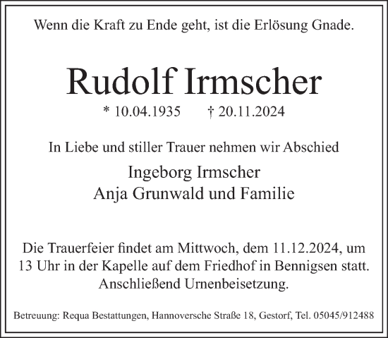 Traueranzeige von Rudolf Irmscher von Neue Deister-Zeitung