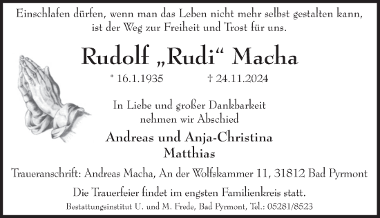 Traueranzeige von Rudolf Macha von Deister- und Weserzeitung