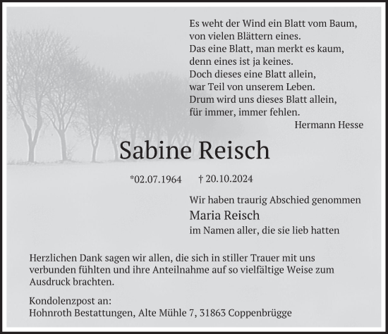 Traueranzeige von Sabine Reisch von Deister- und Weserzeitung