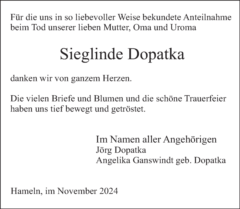  Traueranzeige für Sieglinde Dopatka vom 23.11.2024 aus Deister- und Weserzeitung