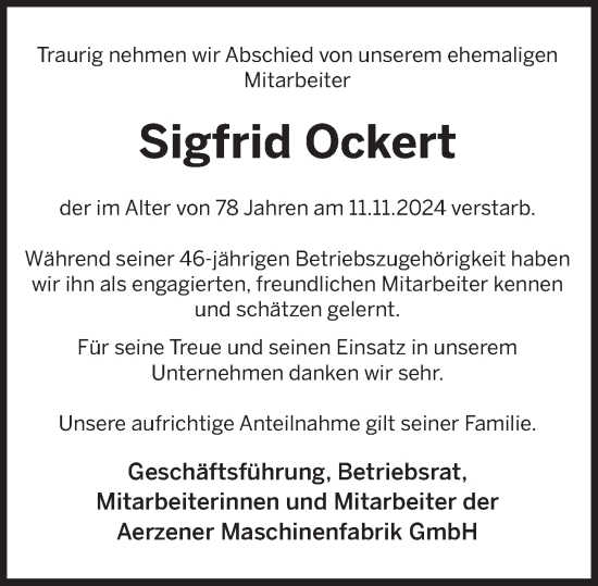 Traueranzeige von Sigfrid Ockert von Deister- und Weserzeitung