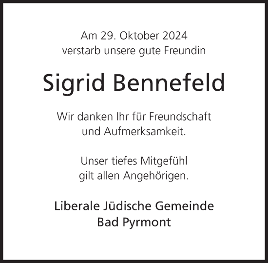 Traueranzeige von Sigrid Bennefeld von Deister- und Weserzeitung