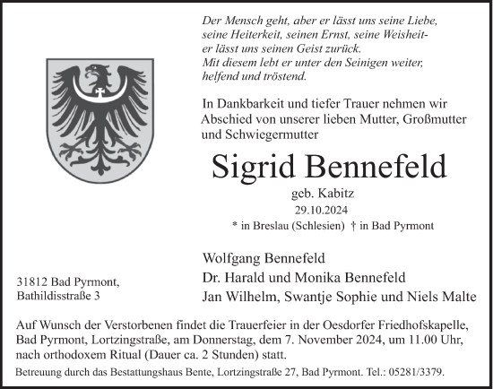 Traueranzeige von Sigrid Bennefeld von Deister- und Weserzeitung