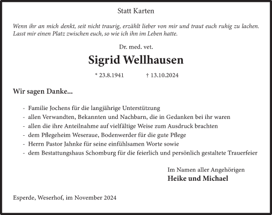 Traueranzeige von Sigrid Wellhausen von Deister- und Weserzeitung