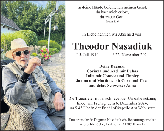 Traueranzeige von Theodor Nasadiuk von Deister- und Weserzeitung