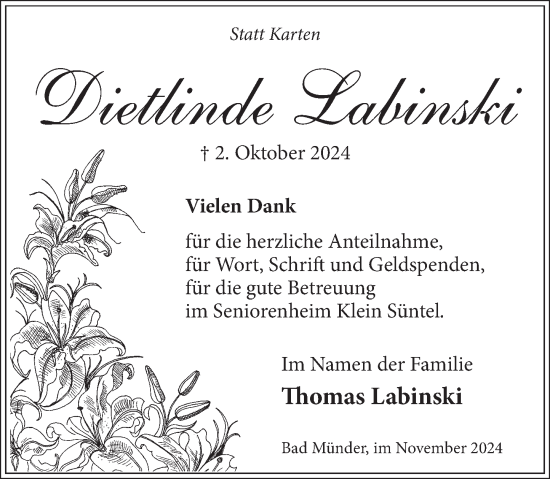 Traueranzeige von Thomas Labinski von Neue Deister-Zeitung