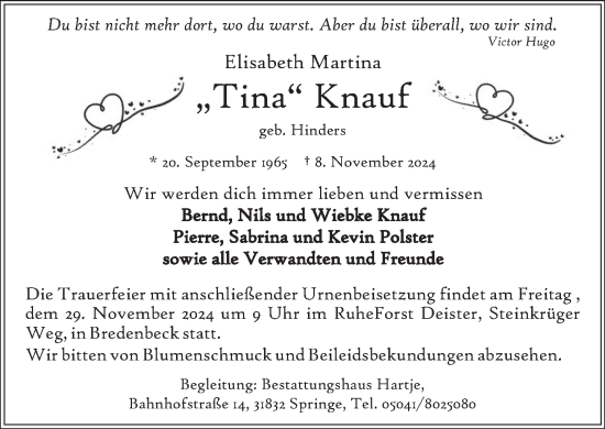 Traueranzeige von Tina Knauf von Neue Deister-Zeitung