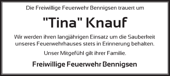 Traueranzeige von Tina Knauf von Neue Deister-Zeitung