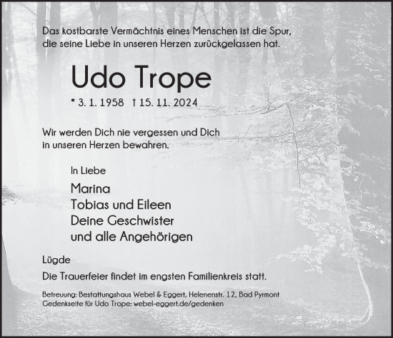 Traueranzeige von Udo Trope von Deister- und Weserzeitung